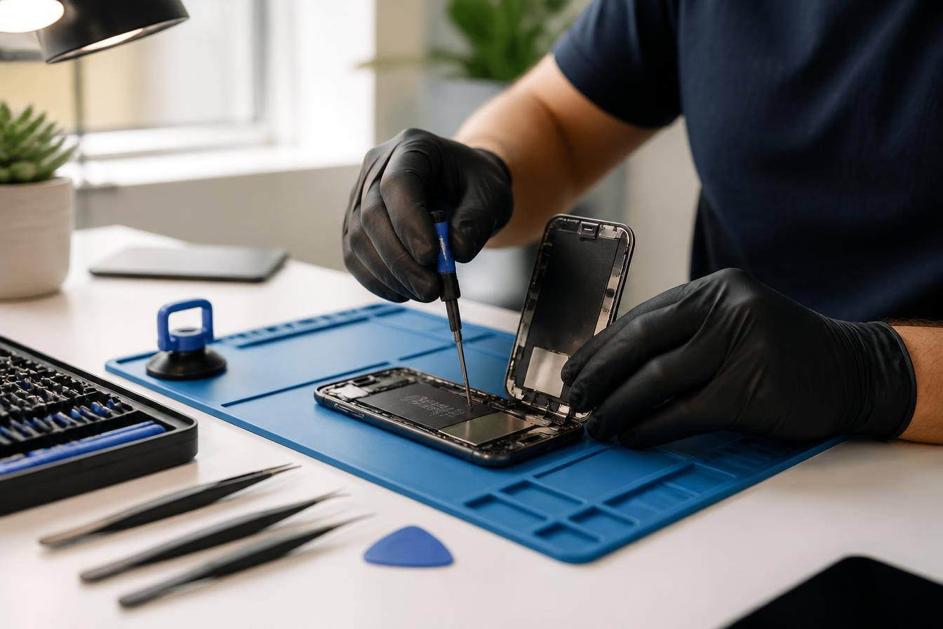 Technician repairing an iPhone on a clean workbench in Phenix City